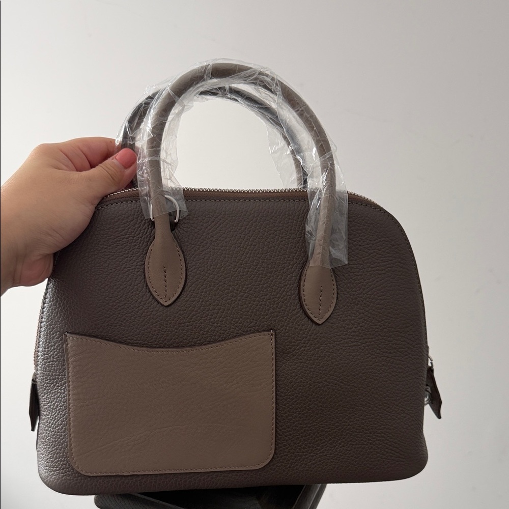Real Leather Grey Color Taupe Handbag